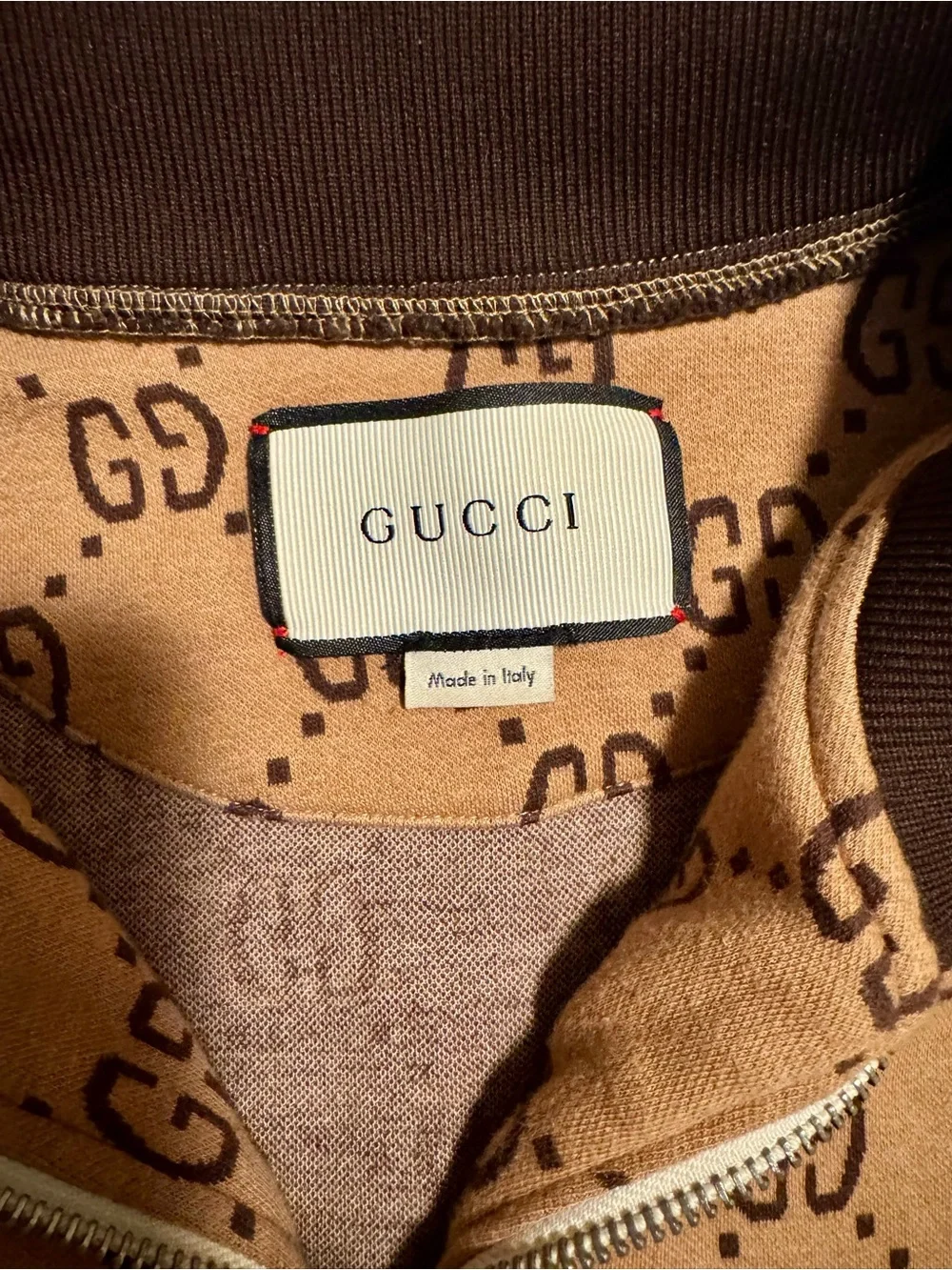Gucci Brown GG Logo Track Jacket with Red & Blue Sleeve Stripes